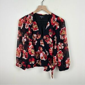 Madewell Semi Sheer Black Red Floral Print Waist Tie Blouse, M